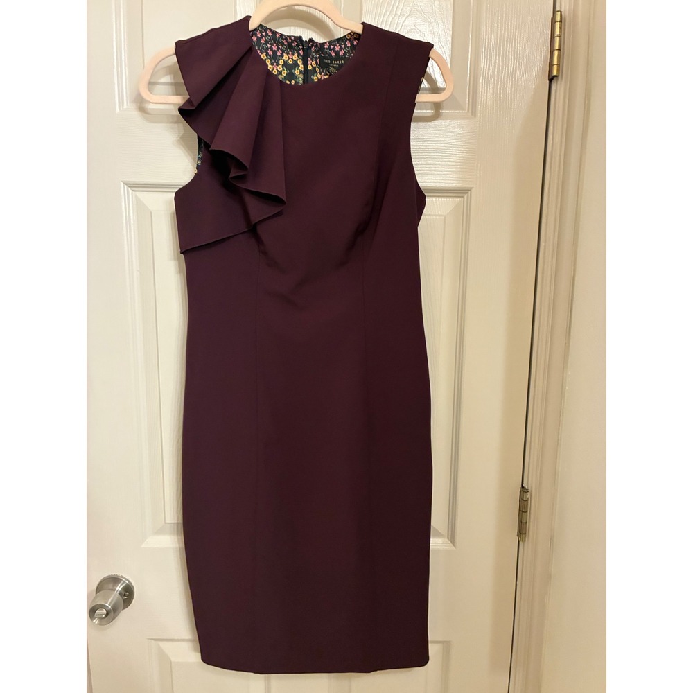 Ted Baker London Burgundy Ruffle Shoulder Sheath Dress Floral Lined Size 2